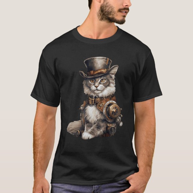 Steampunk Cat With Hat Graphic Design Cat  Fantasy T Shirt (Framsida)
