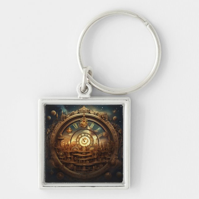 Steampunk Celestial Keychain Fyrkantig Silverfärgad Nyckelring (Framsidan)