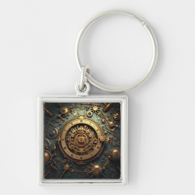Steampunk Celestial Keychain Fyrkantig Silverfärgad Nyckelring (Framsidan)