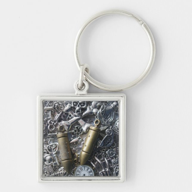Steampunk charms fyrkantig silverfärgad nyckelring (Framsidan)