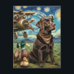 Steampunk Chocolate Lab Van Gogh Vykort<br><div class="desc">Ett steampunk Chocolate lab och ankor med stjärnnatten av Van Gogh i bakgrunden</div>