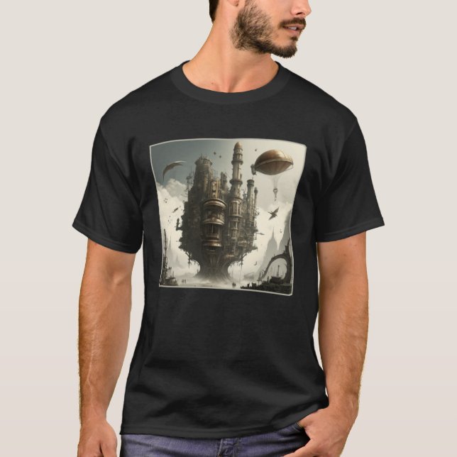 Steampunk City Artwork Retro Scifi Mechanical Gear T Shirt (Framsida)