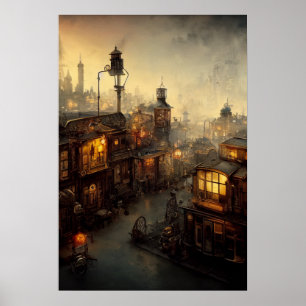 Steampunk city poster, visa från fönster poster