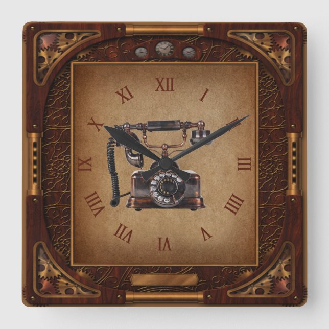 Steampunk Clock~Antique TelTelefon~Romerska siffro Fyrkantig Klocka (Framsida)