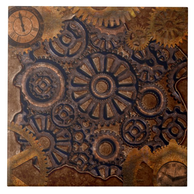 Steampunk Clock Black, Brass, Brown Kakelplatta (Framsidan)