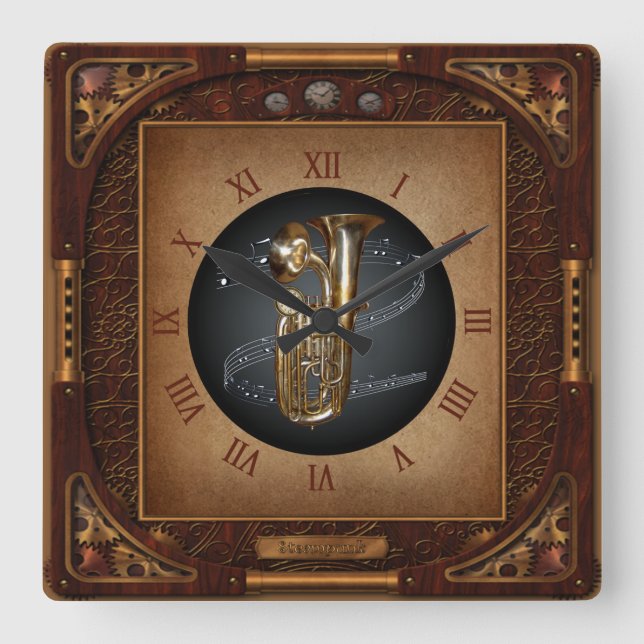 Steampunk Clock~Doublophone~Dubbla Bell Euphonium~ Fyrkantig Klocka (Framsida)