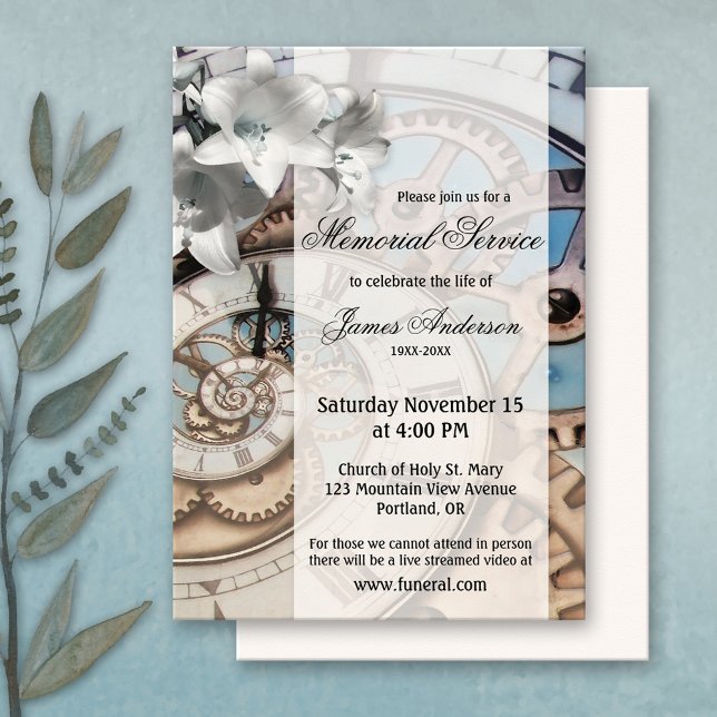 Steampunk Clock Funeral Memorial Service Inbjudningar (Memorial, funeral service or celebration of life invitation featuring a steampunk clock design)