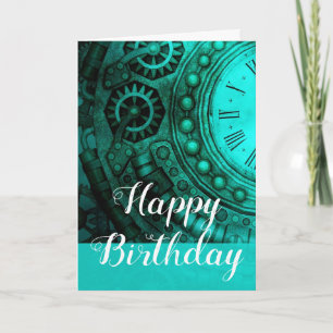 Steampunk Clock & Gears Birthday Kort