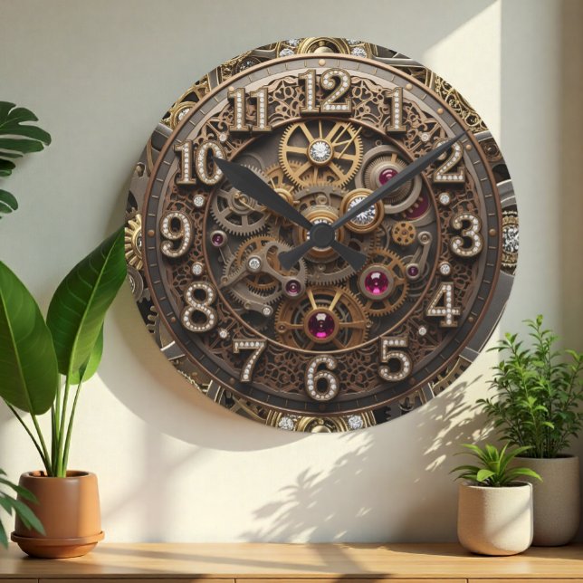Steampunk Clock, Industrial, gears, gemen, vintage Rund Klocka (Steampunk Clock, Metallic gears, wheels, gems)