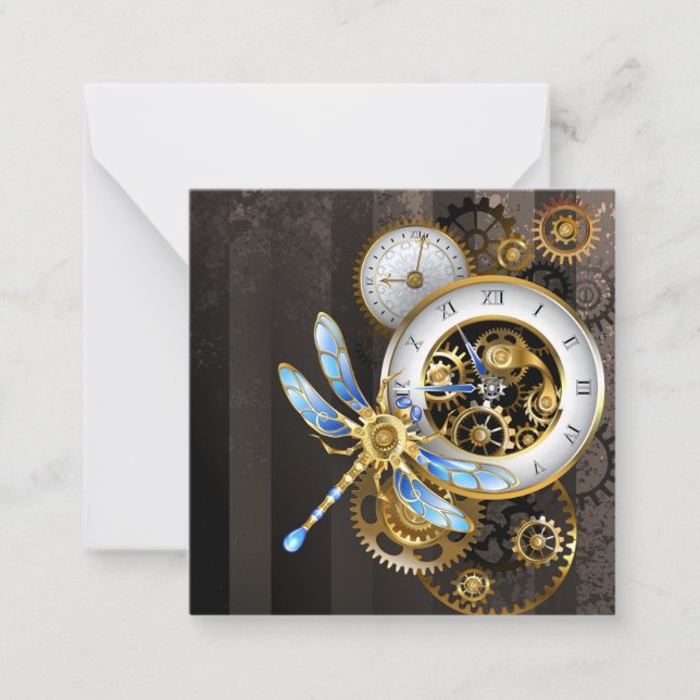 Steampunk Clock med mekanisk Dragonfly Anteckningskort (Framsida)
