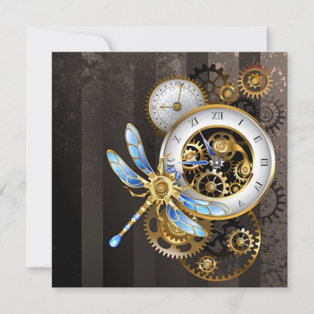 Steampunk Clock med mekanisk Dragonfly Anteckningskort (Framsida)
