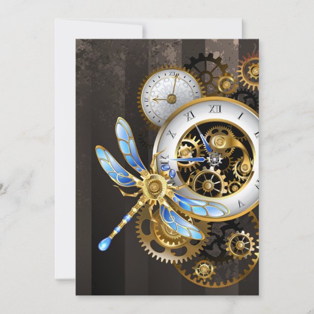Steampunk Clock med mekanisk Dragonfly Anteckningskort (Framsida)