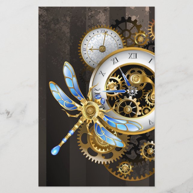 Steampunk Clock med mekanisk Dragonfly Brevpapper (Framsida)