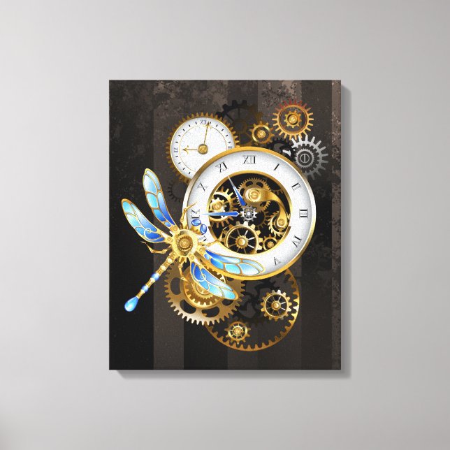 Steampunk Clock med mekanisk Dragonfly Canvastryck (Framsida)