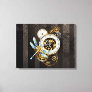 Steampunk Clock med mekanisk Dragonfly Canvastryck