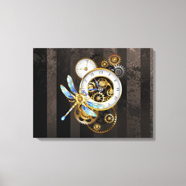 Steampunk Clock med mekanisk Dragonfly Canvastryck (Framsida)
