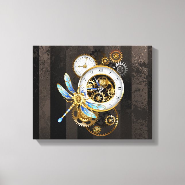 Steampunk Clock med mekanisk Dragonfly Canvastryck (Framsida)
