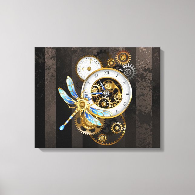 Steampunk Clock med mekanisk Dragonfly Canvastryck (Framsida)