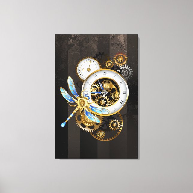 Steampunk Clock med mekanisk Dragonfly Canvastryck (Framsida)