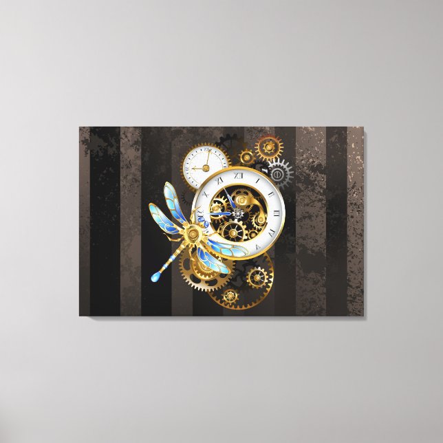 Steampunk Clock med mekanisk Dragonfly Canvastryck (Framsida)
