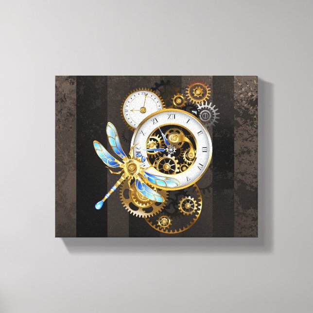 Steampunk Clock med mekanisk Dragonfly Canvastryck (Framsida)