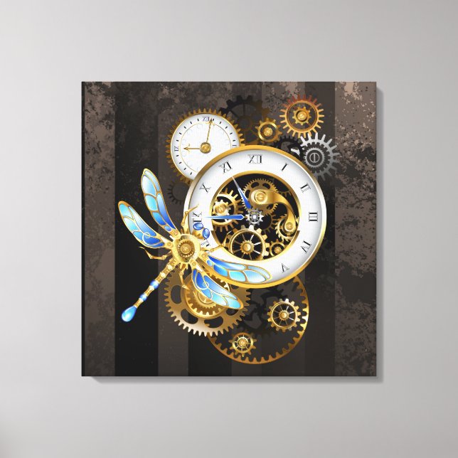 Steampunk Clock med mekanisk Dragonfly Canvastryck (Framsida)