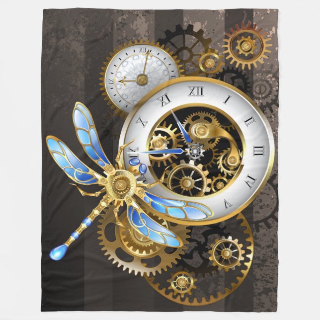 Steampunk Clock med mekanisk Dragonfly Fleecefilt (Framsidan)