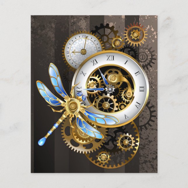 Steampunk Clock med mekanisk Dragonfly Flygblad (Framsidan)