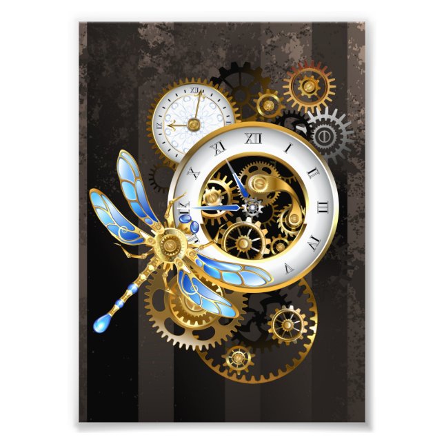 Steampunk Clock med mekanisk Dragonfly Fototryck (Framsidan)