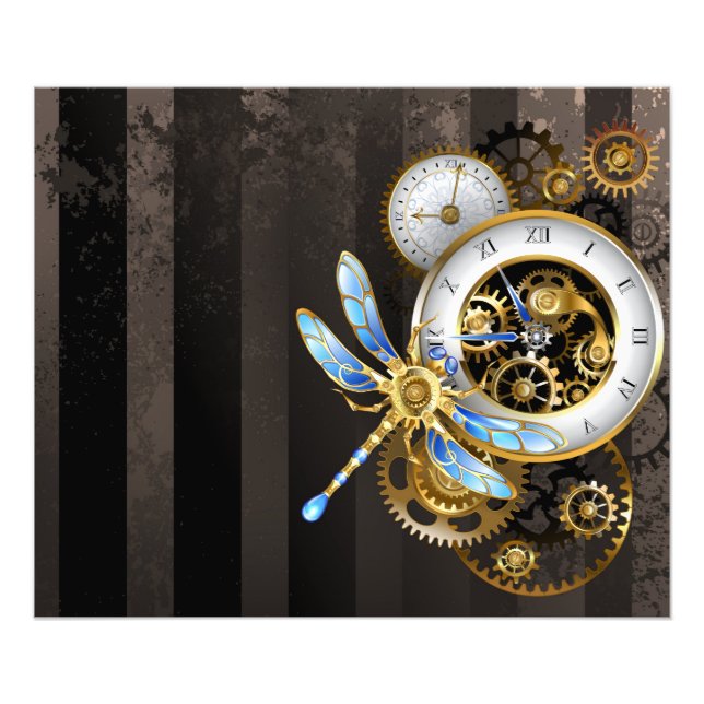 Steampunk Clock med mekanisk Dragonfly Fototryck (Framsidan)