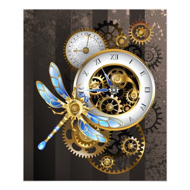 Steampunk Clock med mekanisk Dragonfly Fototryck (Framsidan)