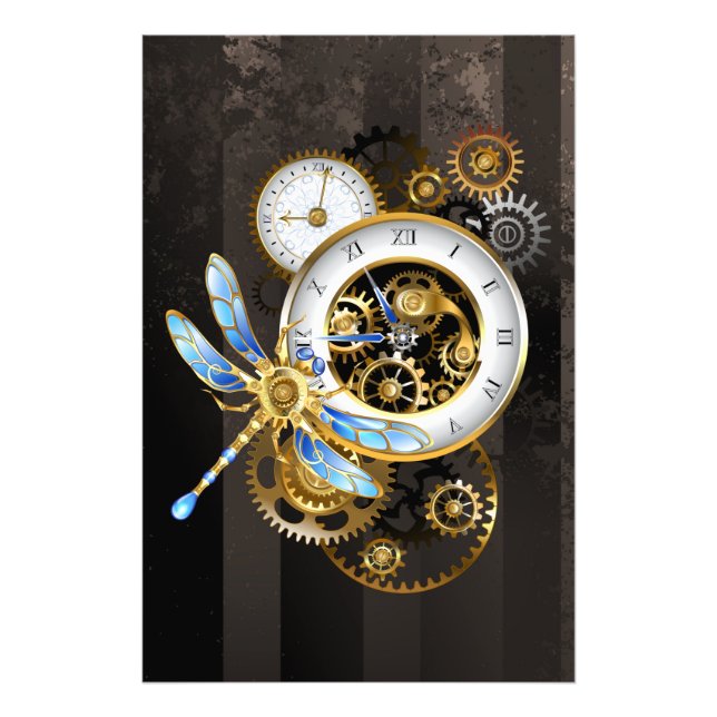 Steampunk Clock med mekanisk Dragonfly Fototryck (Framsidan)
