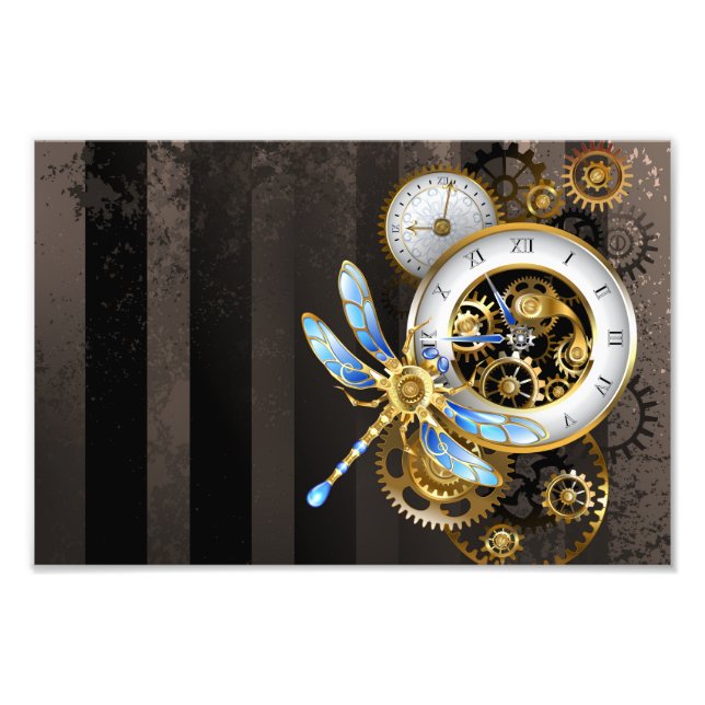 Steampunk Clock med mekanisk Dragonfly Fototryck (Framsidan)