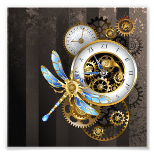 Steampunk Clock med mekanisk Dragonfly Fototryck
