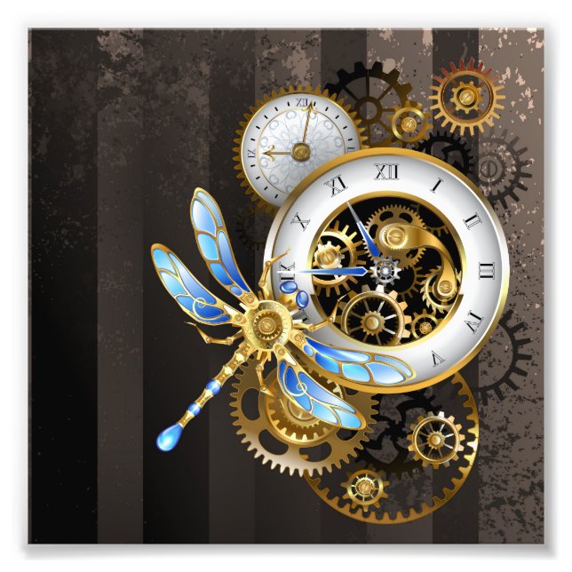 Steampunk Clock med mekanisk Dragonfly Fototryck (Framsidan)