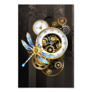 Steampunk Clock med mekanisk Dragonfly Fototryck
