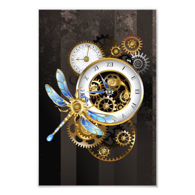 Steampunk Clock med mekanisk Dragonfly Fototryck (Framsidan)