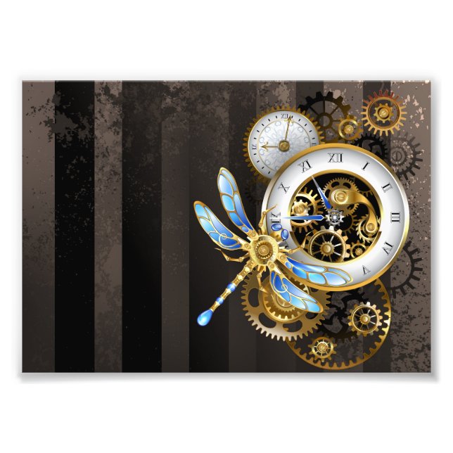 Steampunk Clock med mekanisk Dragonfly Fototryck (Framsidan)