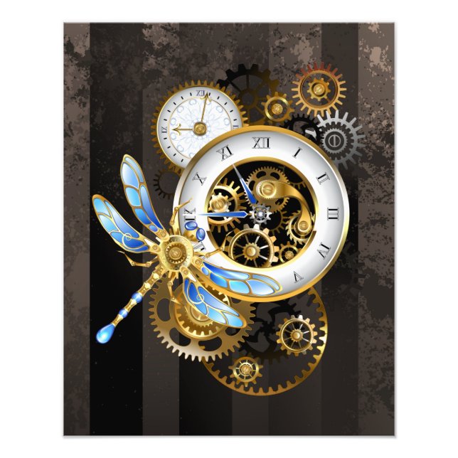 Steampunk Clock med mekanisk Dragonfly Fototryck (Framsidan)