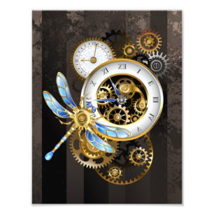 Steampunk Clock med mekanisk Dragonfly Fototryck