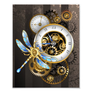 Steampunk Clock med mekanisk Dragonfly Fototryck
