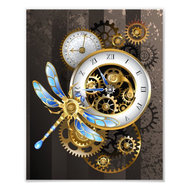 Steampunk Clock med mekanisk Dragonfly Fototryck (Framsidan)