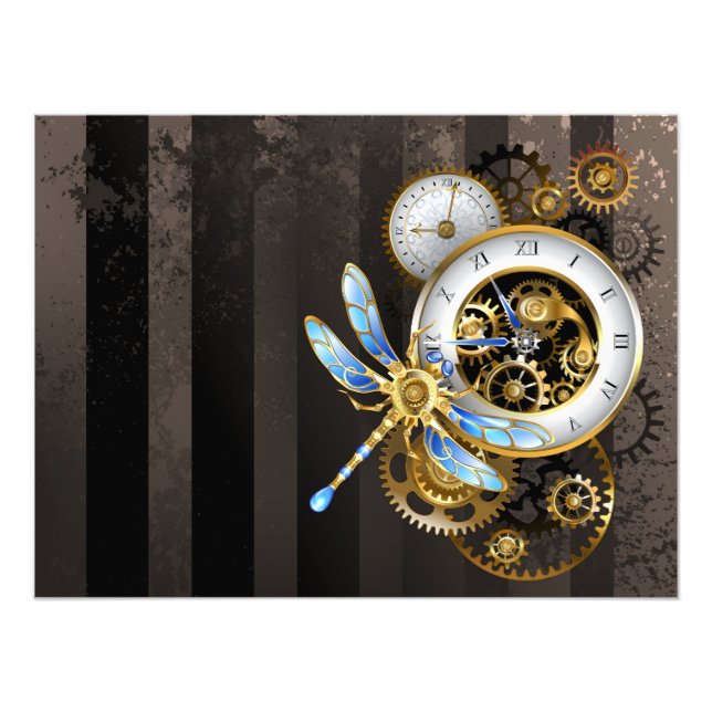 Steampunk Clock med mekanisk Dragonfly Fototryck (Framsidan)