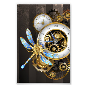 Steampunk Clock med mekanisk Dragonfly Fototryck