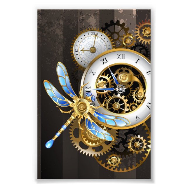 Steampunk Clock med mekanisk Dragonfly Fototryck (Framsidan)