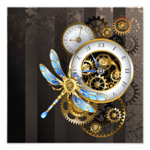 Steampunk Clock med mekanisk Dragonfly Fototryck