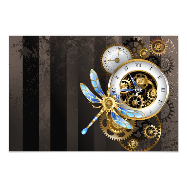 Steampunk Clock med mekanisk Dragonfly Fototryck (Framsidan)