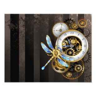Steampunk Clock med mekanisk Dragonfly Fototryck