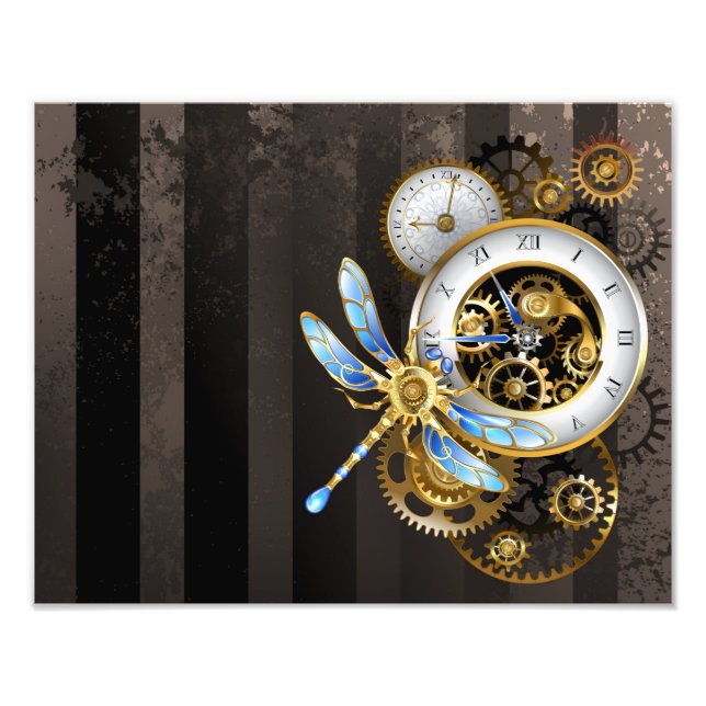 Steampunk Clock med mekanisk Dragonfly Fototryck (Framsidan)