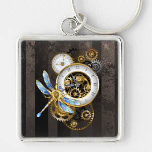 Steampunk Clock med mekanisk Dragonfly Fyrkantig Silverfärgad Nyckelring